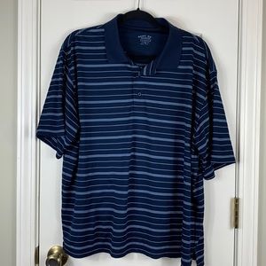 Game Day navy blue with light blue stripes. Short sleeved polo shirt size large.